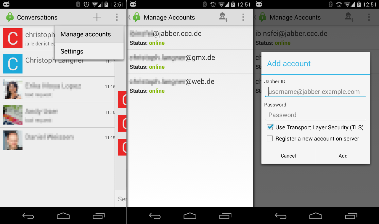 Conversations kann zeitgleich mehrere Jabber/XMPP-Accounts handeln.