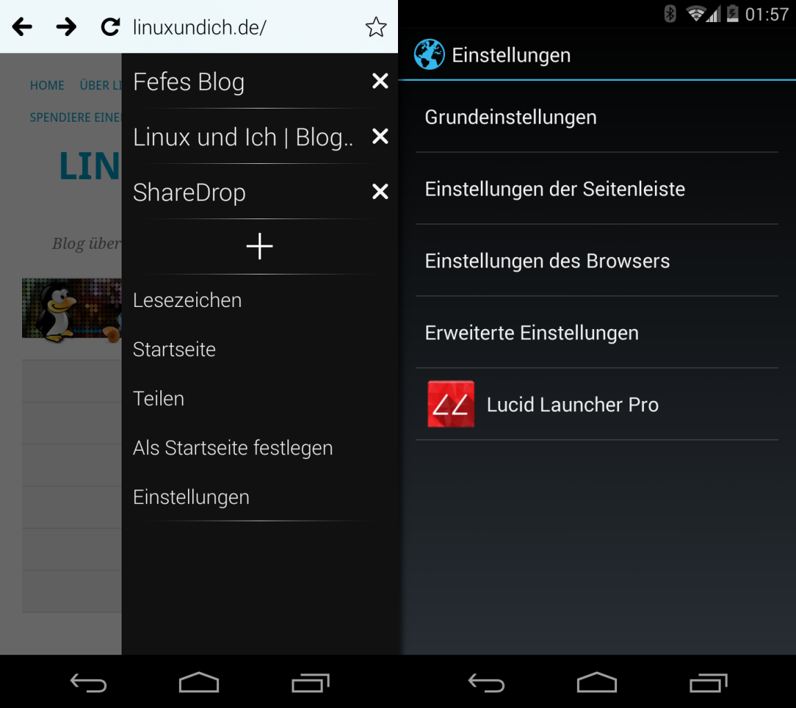 Tabs werden nicht als Reiter über der App ausgewählt, sondern als Eintrag in der Seitenleiste aufgerufen.