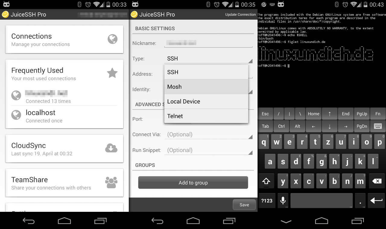JuiceSSH kann unter Android mit Mosh arbeiten.