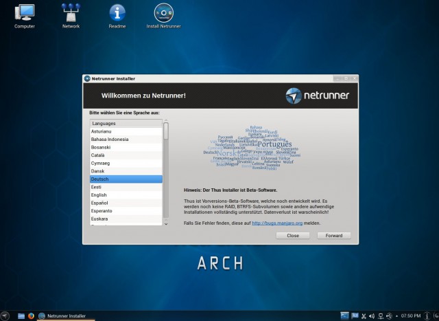Netrunner Rolling Release bringt im Gegensatz zu Arch ein Setup mit.