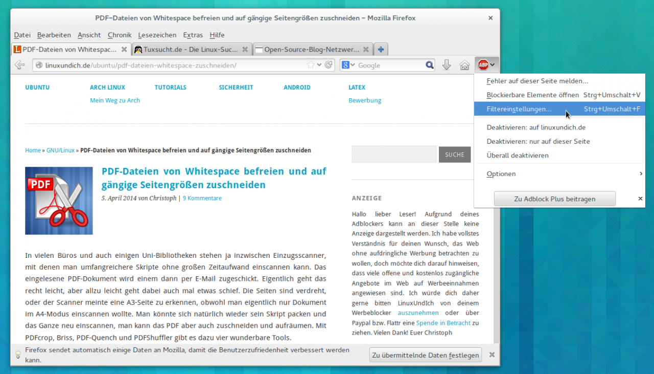 Die OSBN-Whitelist erlaubt Anzeigen in einer Reihe von Linux- und Open-Source-Blogs.