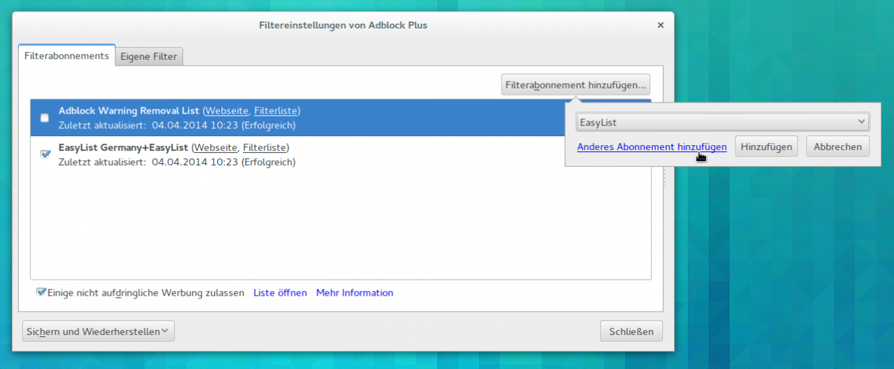 Die Whitelist fügt ihr manuell als neues Abonnement zu Adblock Plus hinzu.