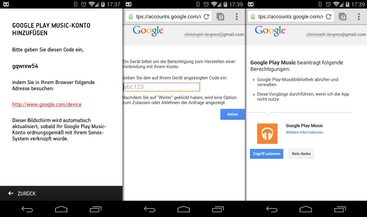Der Zugriff auf den eigenen Google-Account muss über die Sonos-App freigegeben werden.