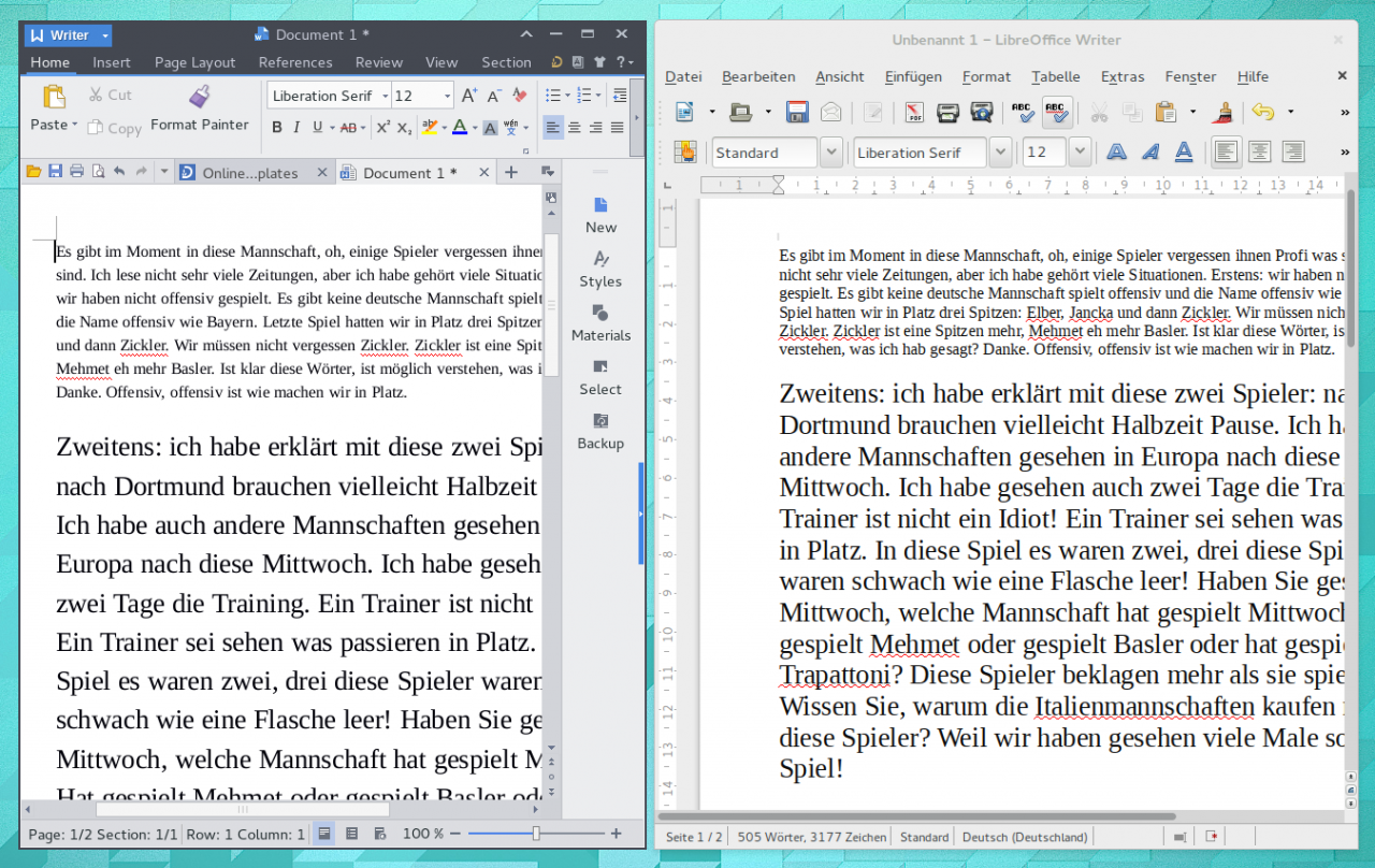 Die Schriftdarstellung von LibreOffice und Kingsoft Office im Vergleich.