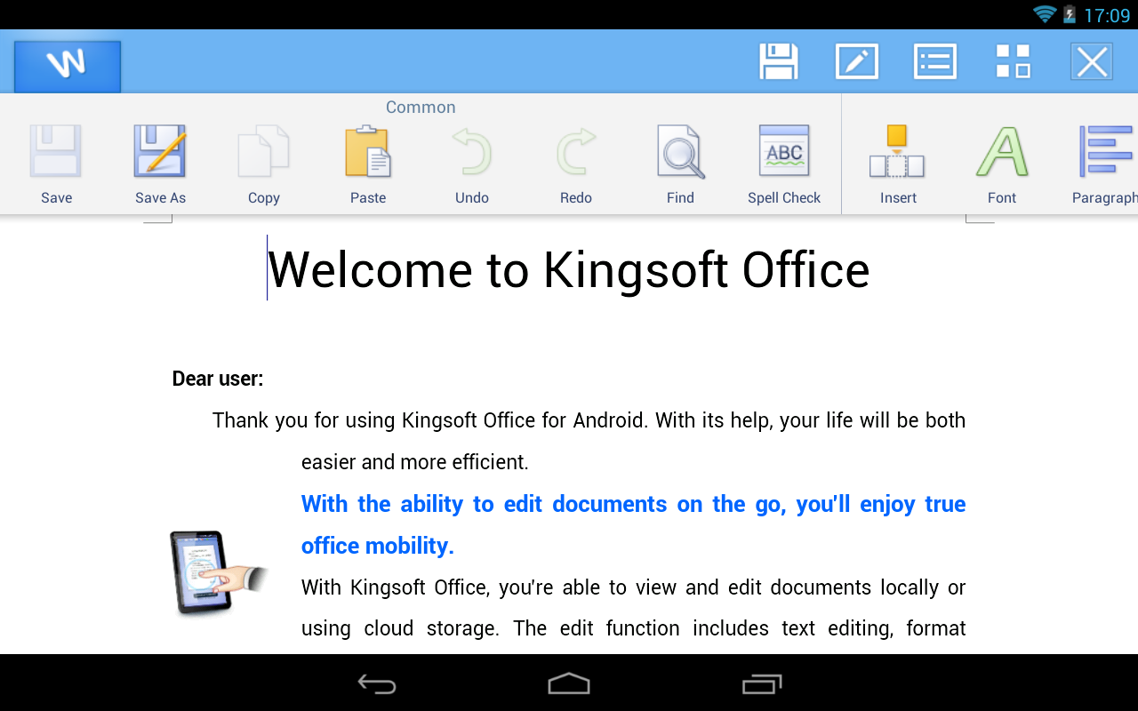 Kingsoft Office auf einem Android-Tablet mit dem Begrüßungsdokument und der Werkzeugleiste darüber