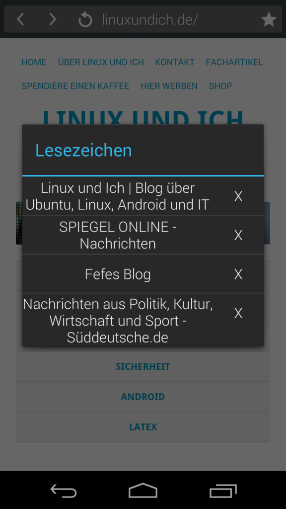Die Lesezeichenliste des Lucid Browsers mit vier Einträgen
