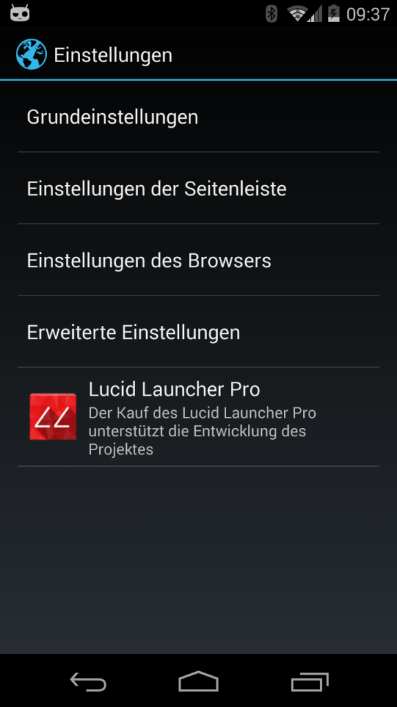 Die Einstellungen des Lucid Browsers mit Grund-, Seitenleisten- und erweiterten Einstellungen