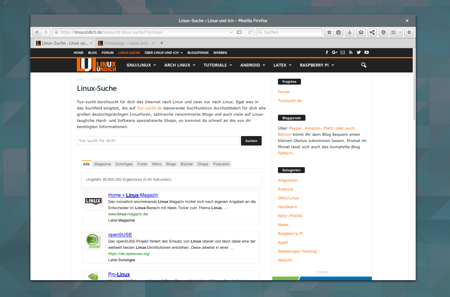 In eigener Sache: Die Linux-Suche Tux-sucht steckt nun auch direkt in Linux und Ich