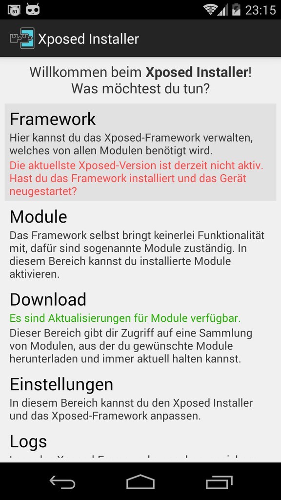 Der Startbildschirm des Xposed Installers mit den Bereichen Framework, Module, Download und Einstellungen