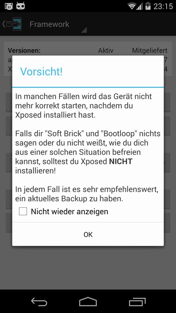 Ein Warnhinweis des Xposed Installers zu Soft Brick und Bootloop vor der Installation