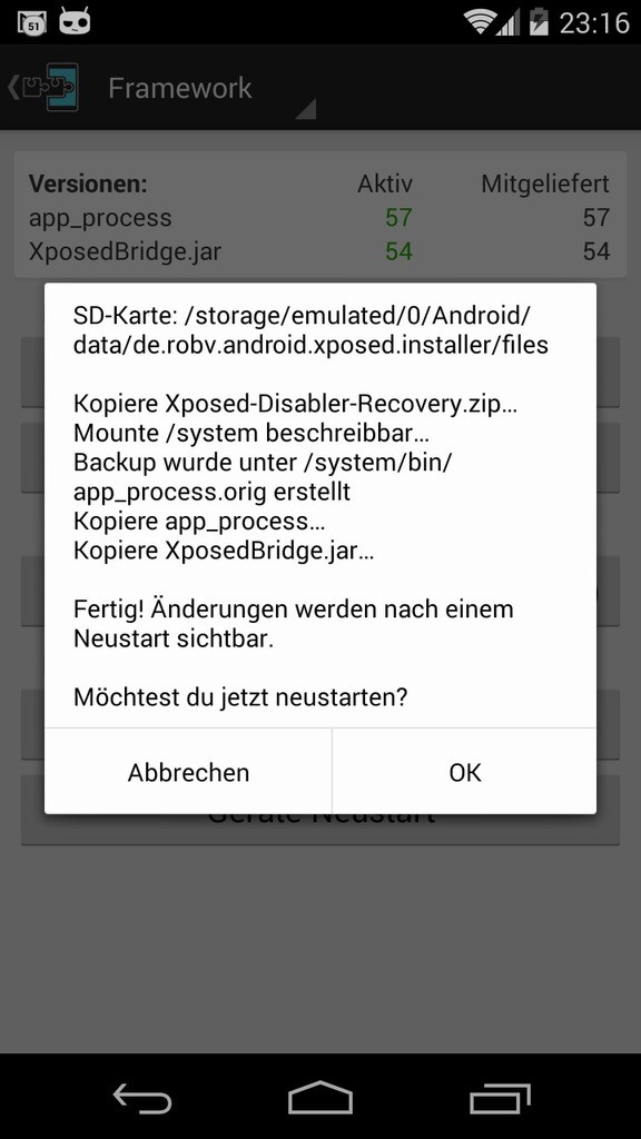 Protokoll der Framework-Installation mit der Nachfrage, ob das Gerät jetzt neu starten soll