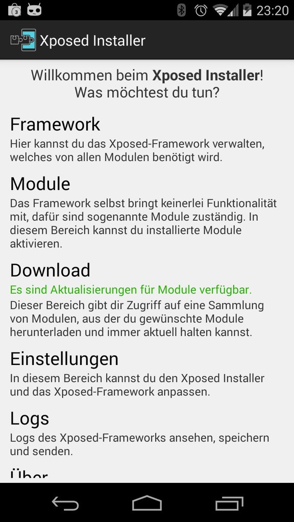 Der Startbildschirm nach dem Neustart, der Warnhinweis zum Framework ist verschwunden