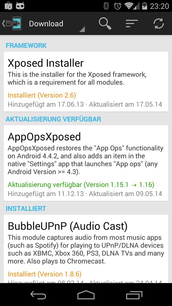 Die Download-Liste mit verfügbaren Modulen wie AppOpsXposed und BubbleUPnP
