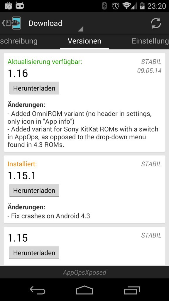 Die Versionsübersicht eines Moduls mit Changelog und Download-Schaltflächen