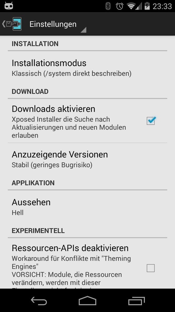 Die Einstellungen des Xposed Installers mit Installationsmodus, Download-Optionen und Aussehen