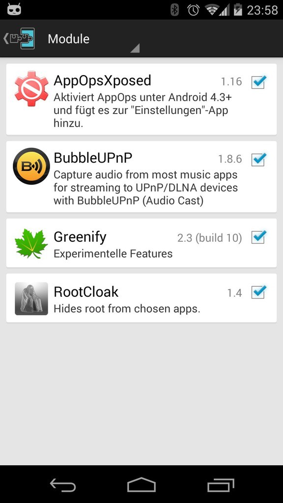 Die Modulliste mit AppOpsXposed, BubbleUPnP, Greenify und RootCloak, alle aktiviert