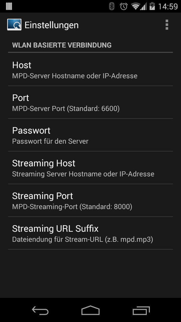 Die Einstellungen von MPDroid mit den Feldern für Host, Port, Passwort und die Streaming-Adresse des MPD-Servers