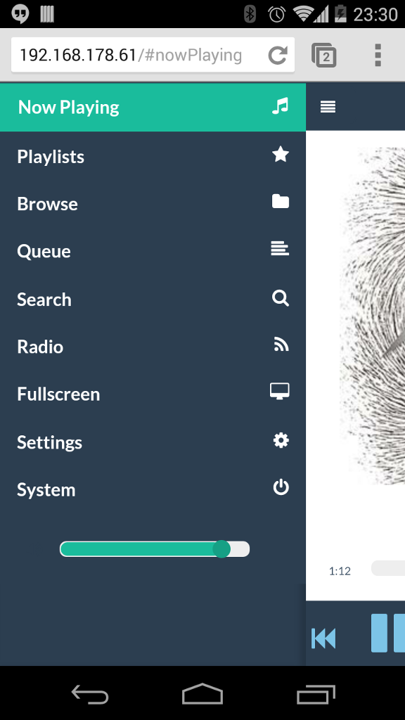 Die ausgeklappte Seitenleiste des Webfrontends mit Playlists, Browse, Queue, Search, Radio und Settings