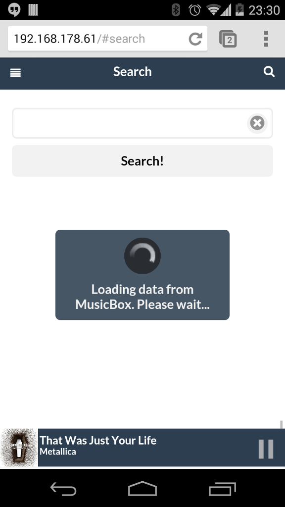Die Suche meldet Loading data from MusicBox, während die MusicBox die Sammlung noch einliest
