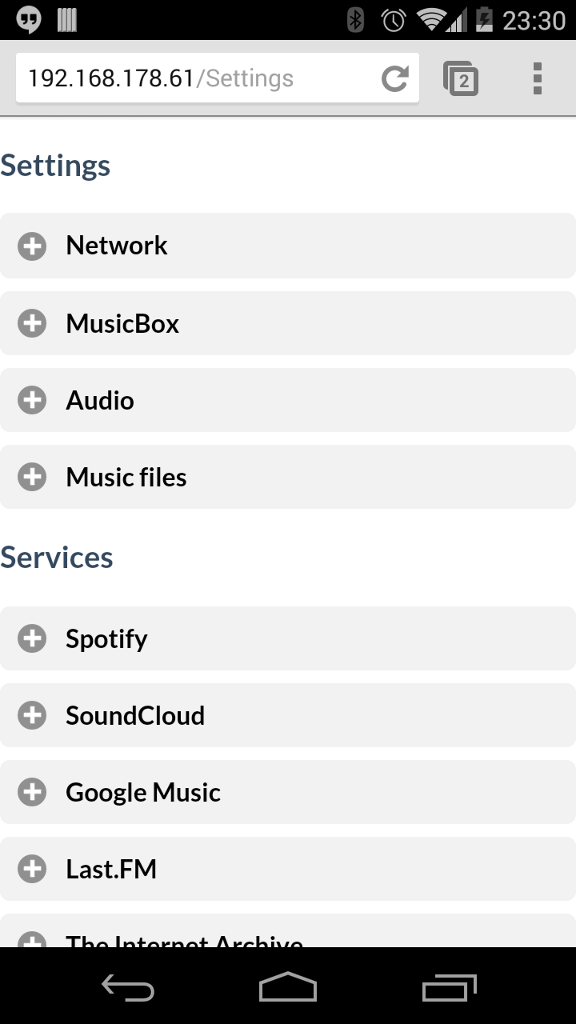 Die Settings mit den Abschnitten Network, MusicBox, Audio, Music files und den Diensten Spotify, SoundCloud, Google Music und Last.FM