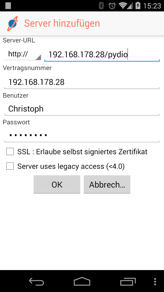 Der Android-Client fragt beim Hinzufügen eines Servers nach Adresse, Benutzer und Passwort