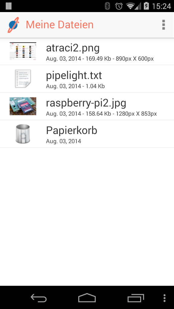 Die Dateiliste im Android-Client mit einem Bild, einer Textdatei, einem Foto und dem Papierkorb