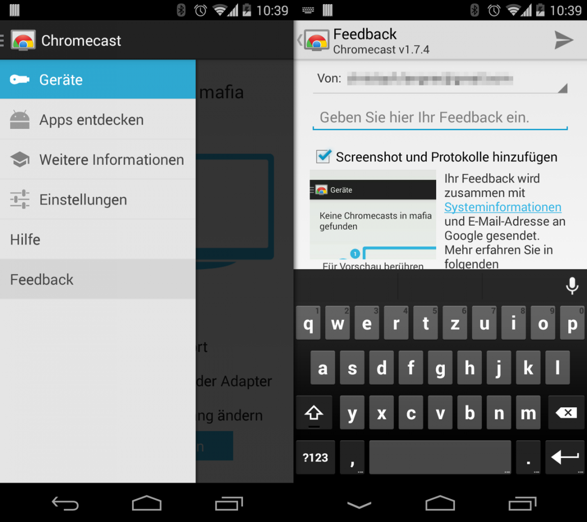Nutzt die Chromecast-App, um Feedback direkt an Google zu senden.