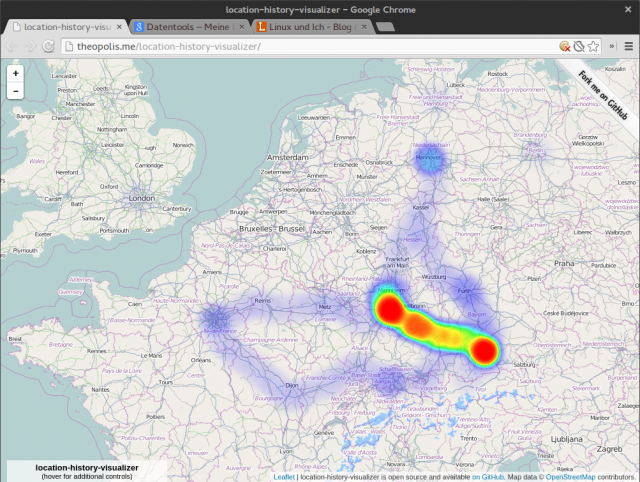 Der location-history-visualizer zeigt die bei Google gespeicherten Ortsdaten als Heatmap an.