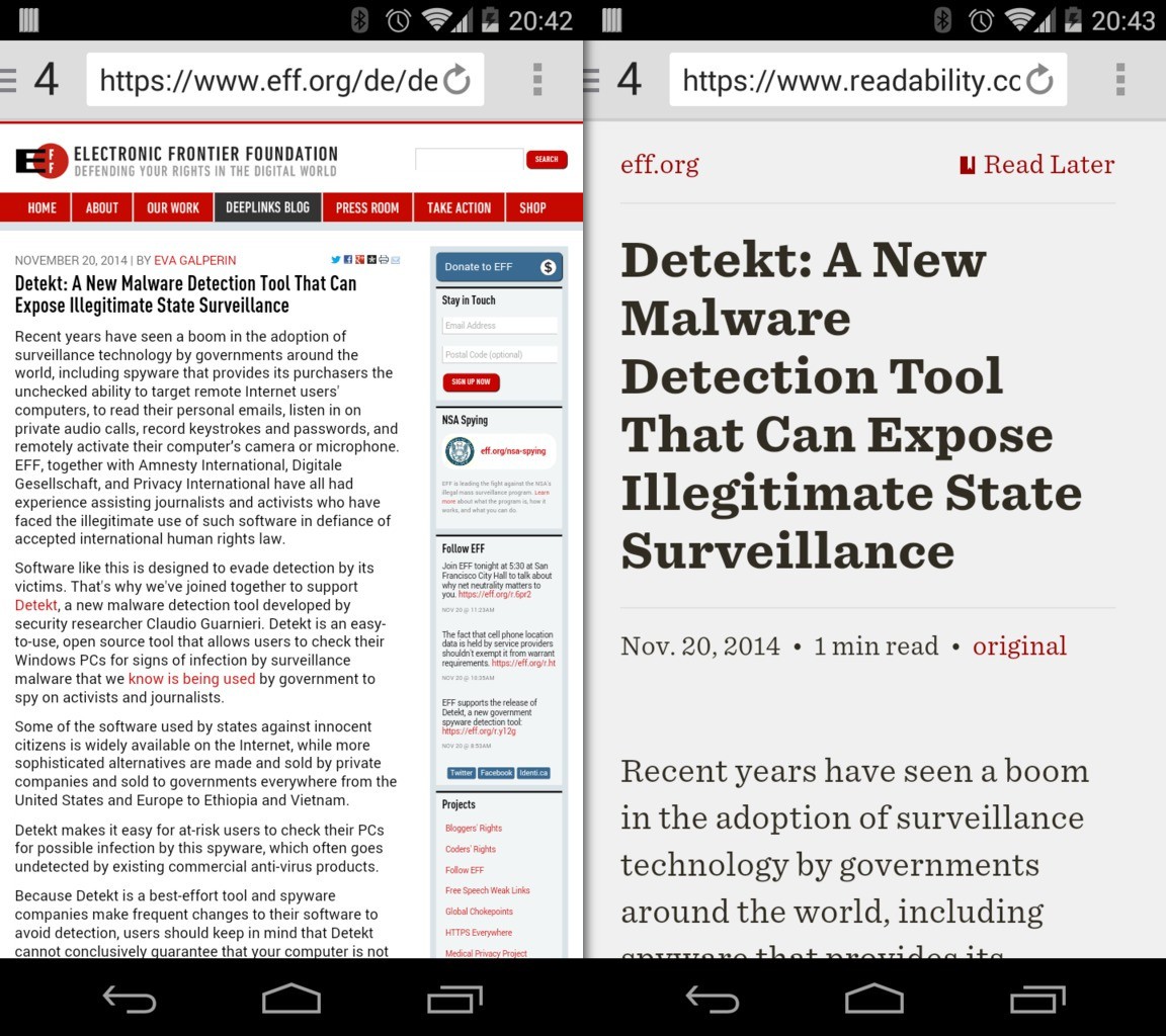 Ein Artikel aus dem Blog der EFF mit und ohne Readability.