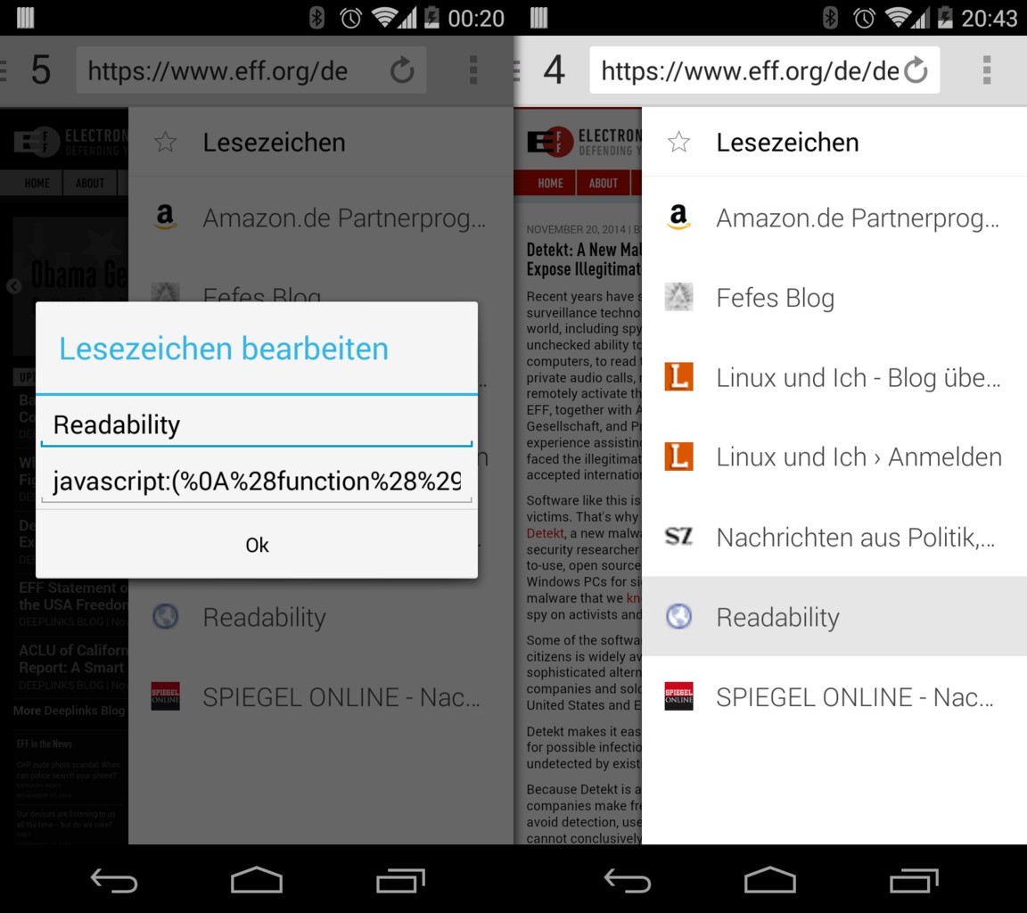 Readability wird browserunabhängig über ein Bookmarklet gestartet.
