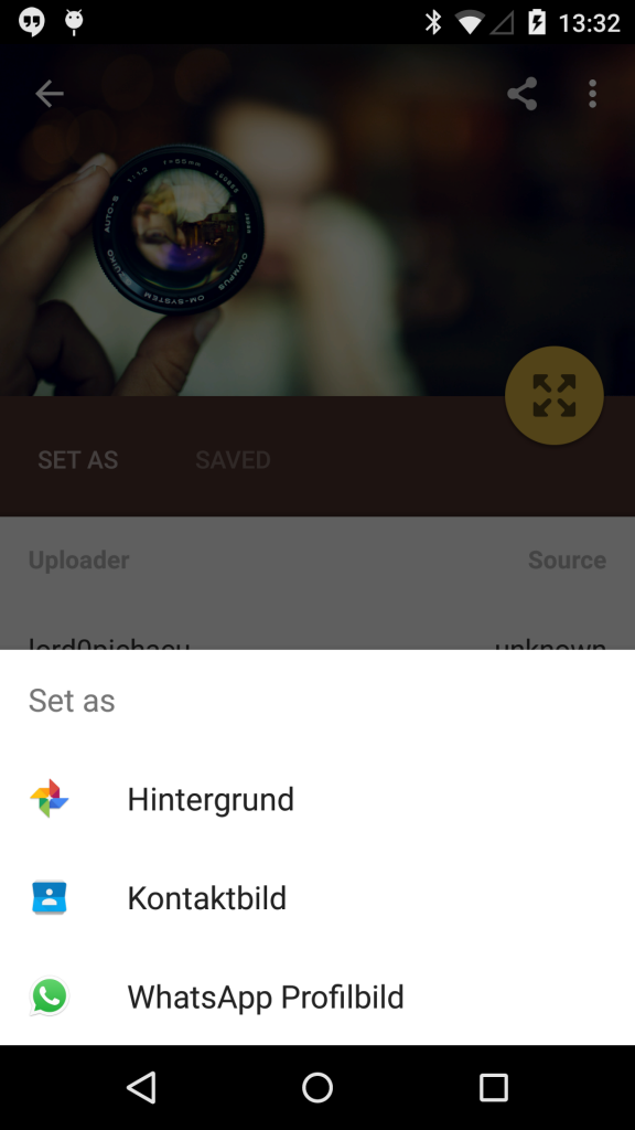 Die Auswahl, wofür das Bild gesetzt werden soll: Hintergrund, Kontaktbild oder Profilbild