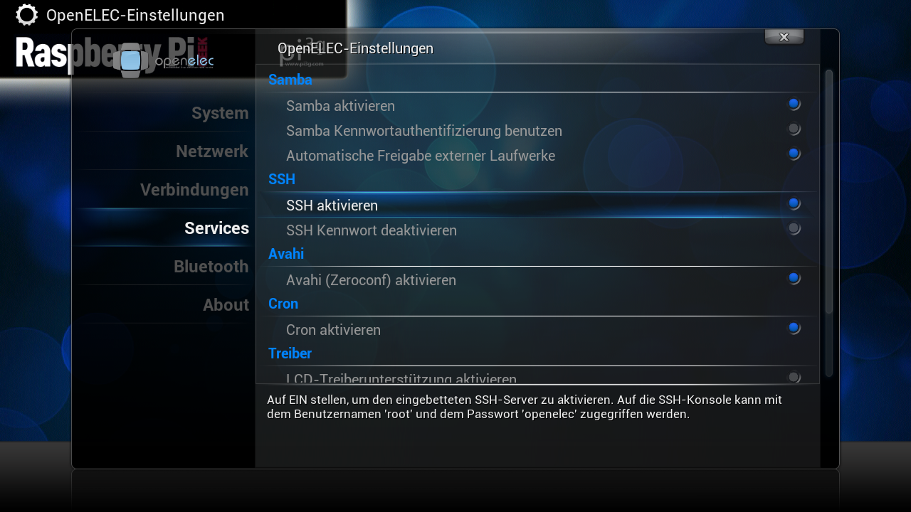 In den OpenELEC-Einstellungen muss der SSH-Server aktiviert werden.