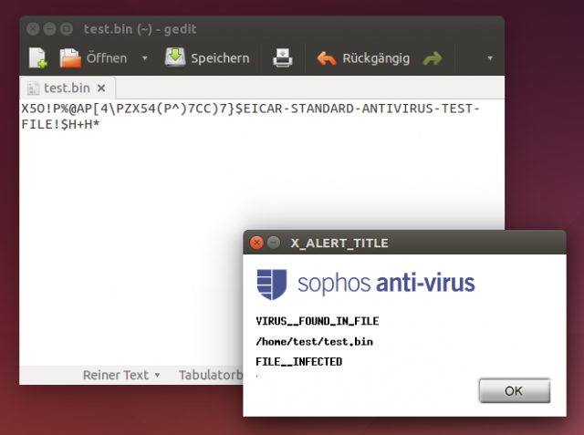 Sophos Anti-Virus for Linux meldet den Versuch die Eicar-Testdatei abzuspeichern.