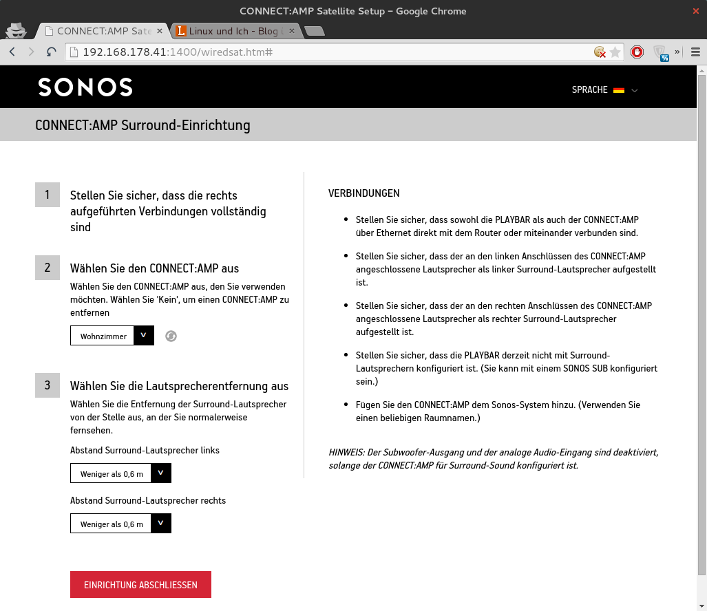 Im sehr eingeschränkten Webfrontend der Playbar wählt ihr den Connect:Amp als Satellit aus.