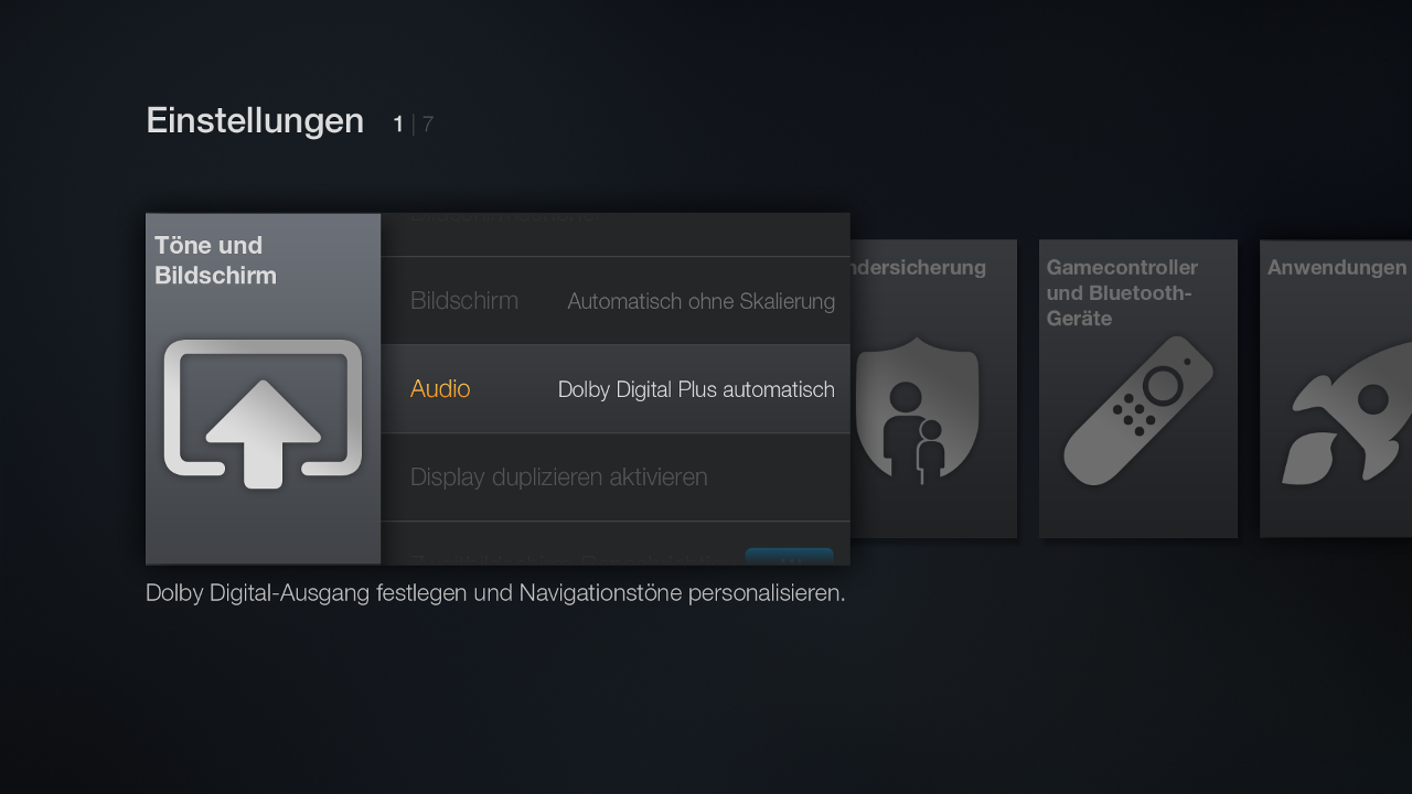 Für brauchbaren Sound eines Fire TV an einem herkömmlichen Stereo TV schaltet ihr Dolby Digital Plus ab.