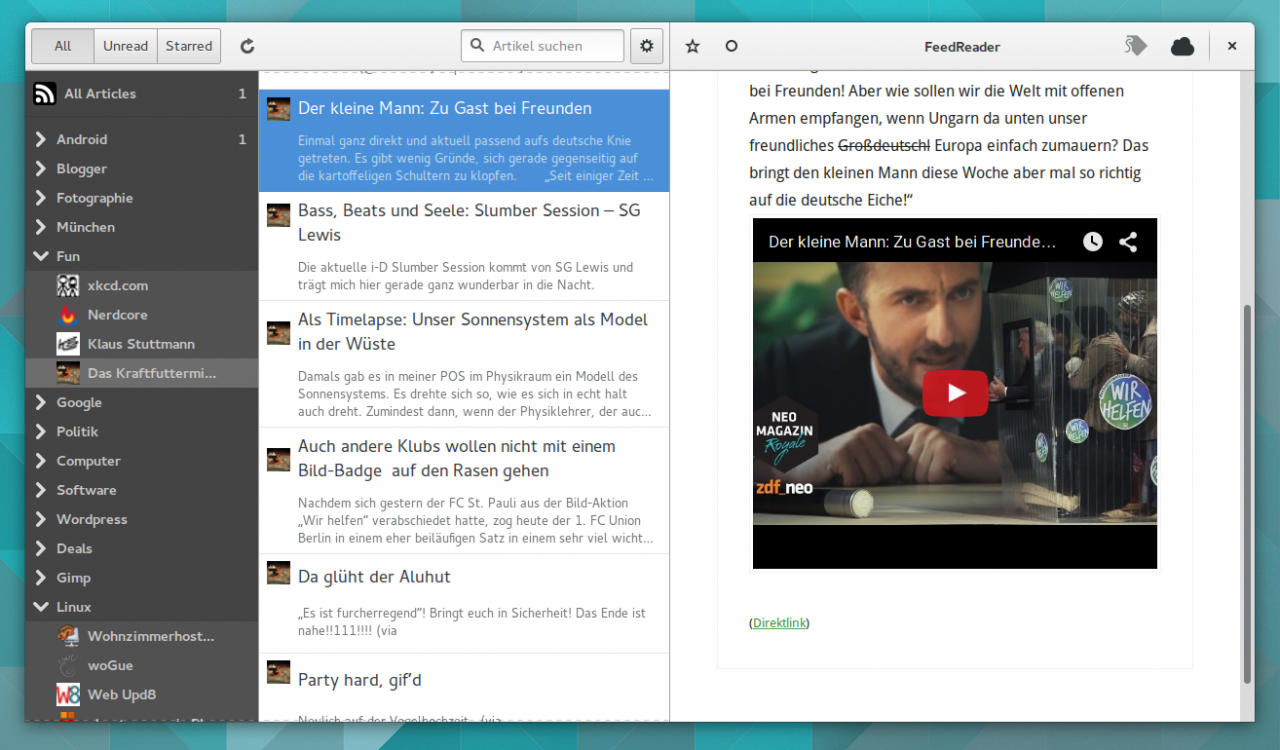 Eingebettete aktive Elemente wie YouTube-Videos zeigt FeedReader direkt in der Anwendung an.