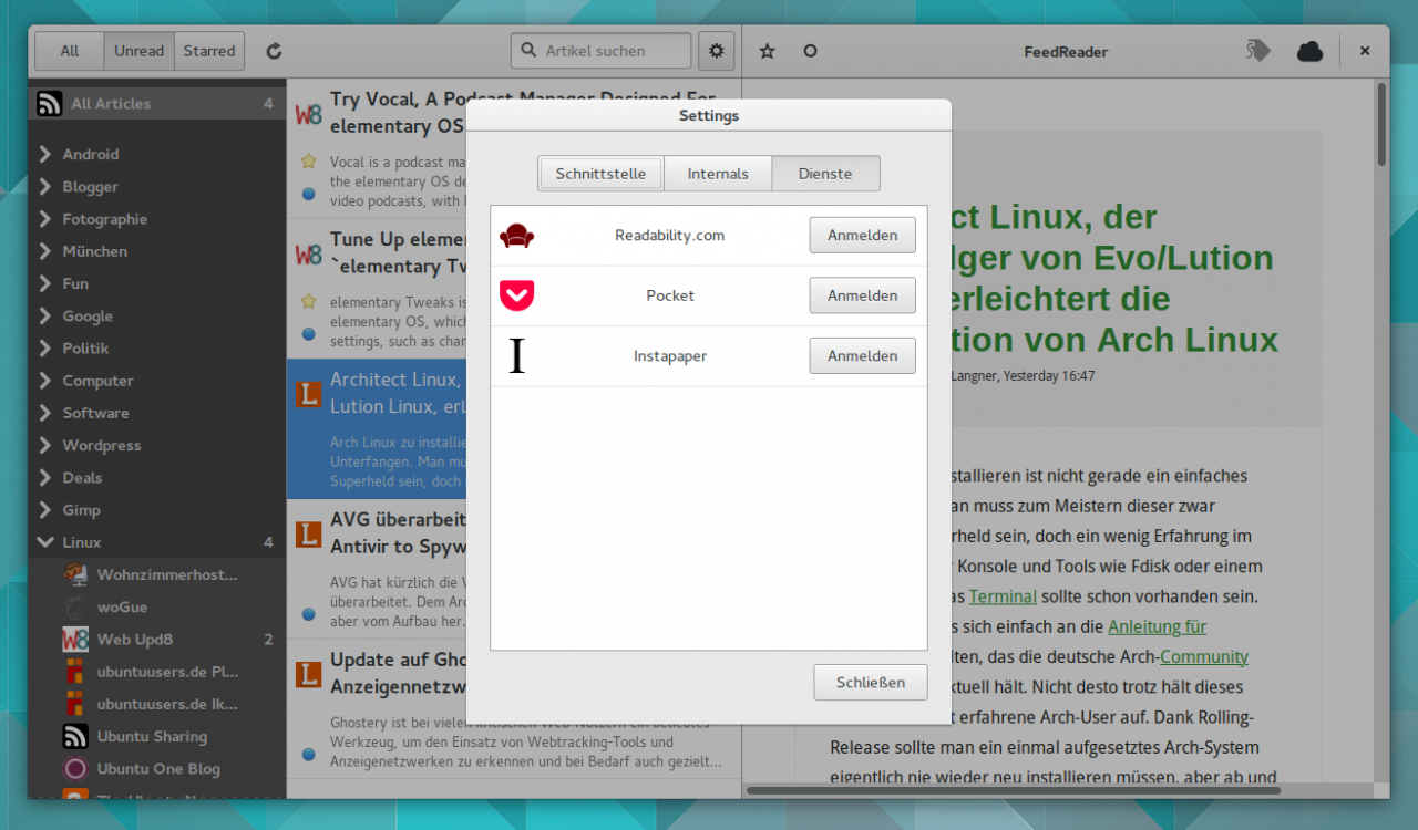 Wer will kann Inhalte aus FeedReader mit Readability, Pocket oder Instapaper weiterleiten.