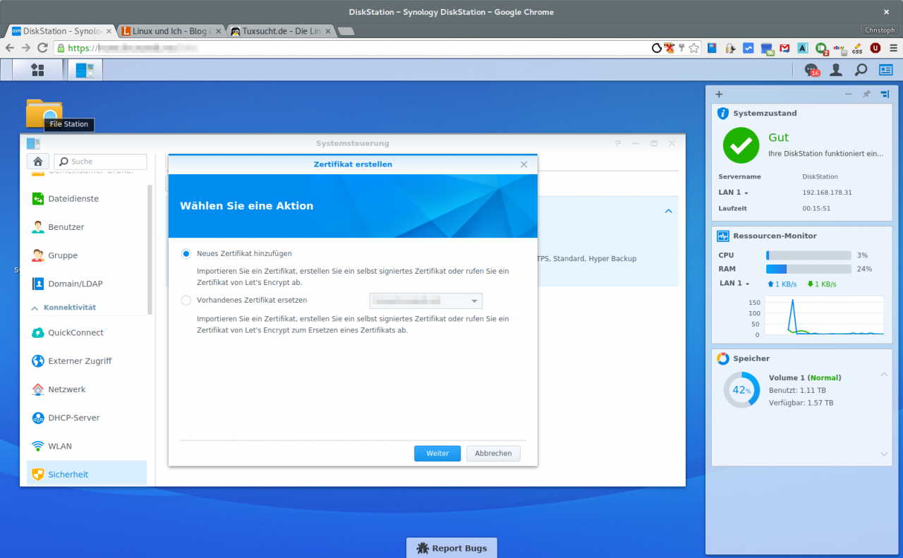 Über die Systemsteuerung des Synology-NAS lassen sich nun Let's-Encrypt-Zertifikate erstellen.