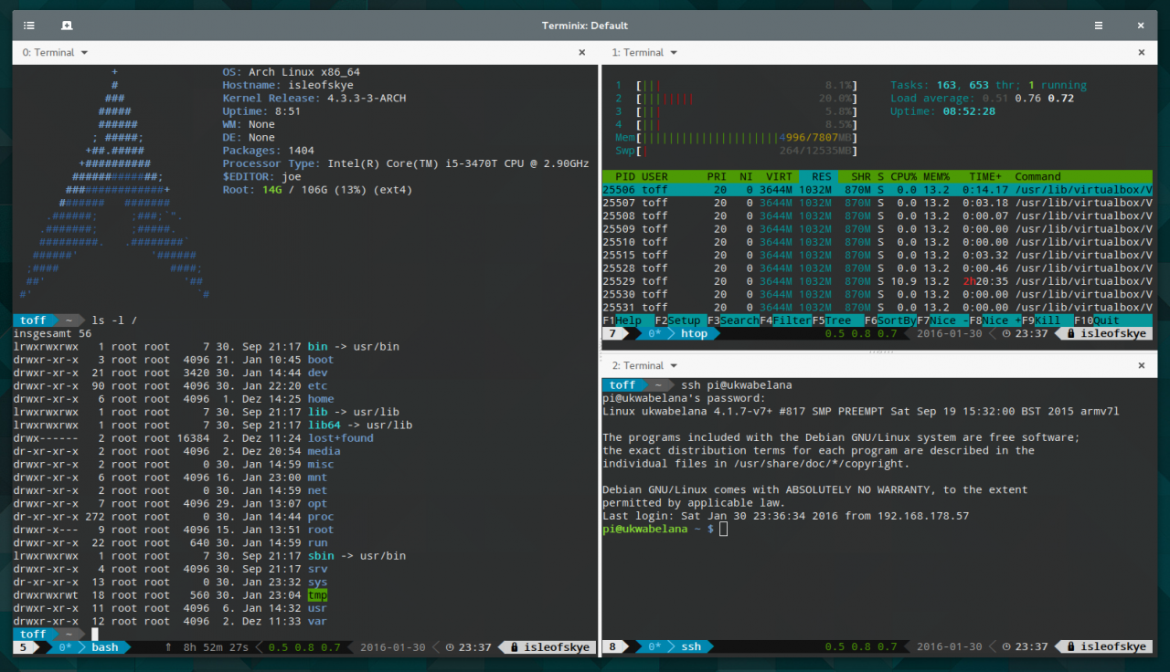 Die Kombination aus Terminix, Powerline und Tmux ergibt dann dieses Bild.