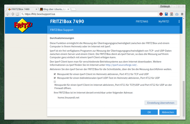 Iperf-Server auf der Fritzbox aktivieren.
