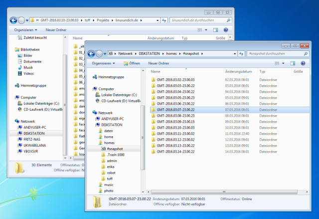Mit dem Windows Explorer gelingt der Zugriff auf die Btrfs-Snapshots selbstverständlich auch.