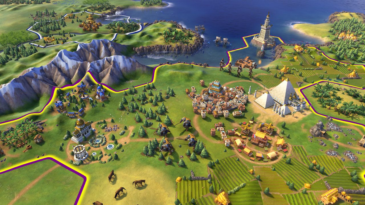 Screenshot aus Civilization VI mit einer Stadt zwischen Bergen, Feldern und einer Pyramide