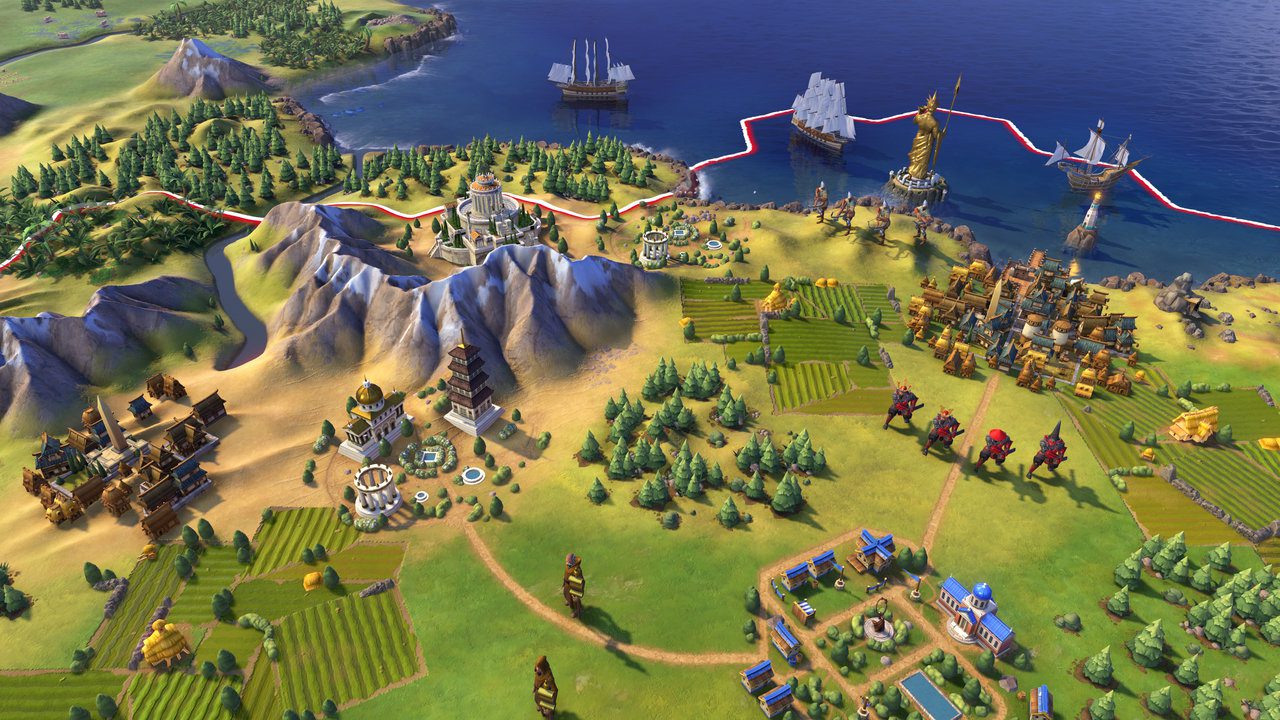 Screenshot aus Civilization VI mit einer Küstenstadt, Segelschiffen und einer Statue im Wasser