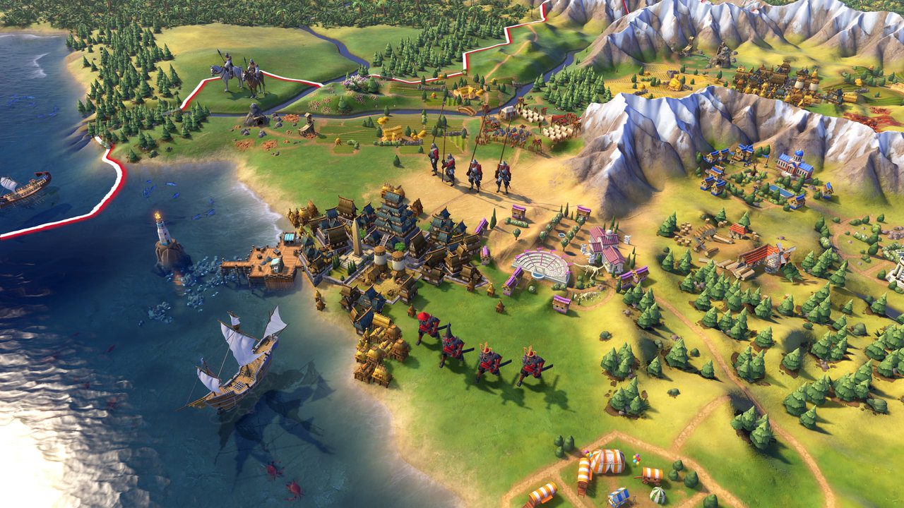Screenshot aus Civilization VI mit einem Hafen, Truppen und einem gesunkenen Schiff
