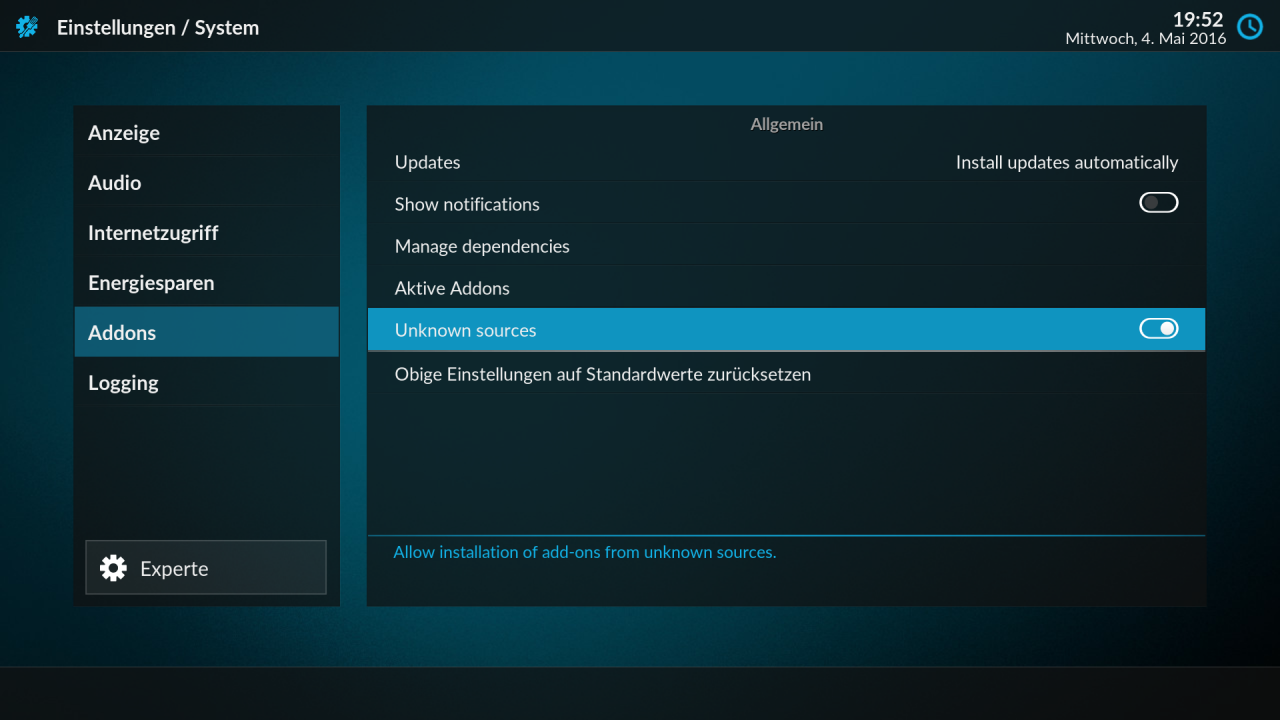 In Kodi 17 müsst ihr die Installation von Addons aus unbekannten Quellen freischalten.
