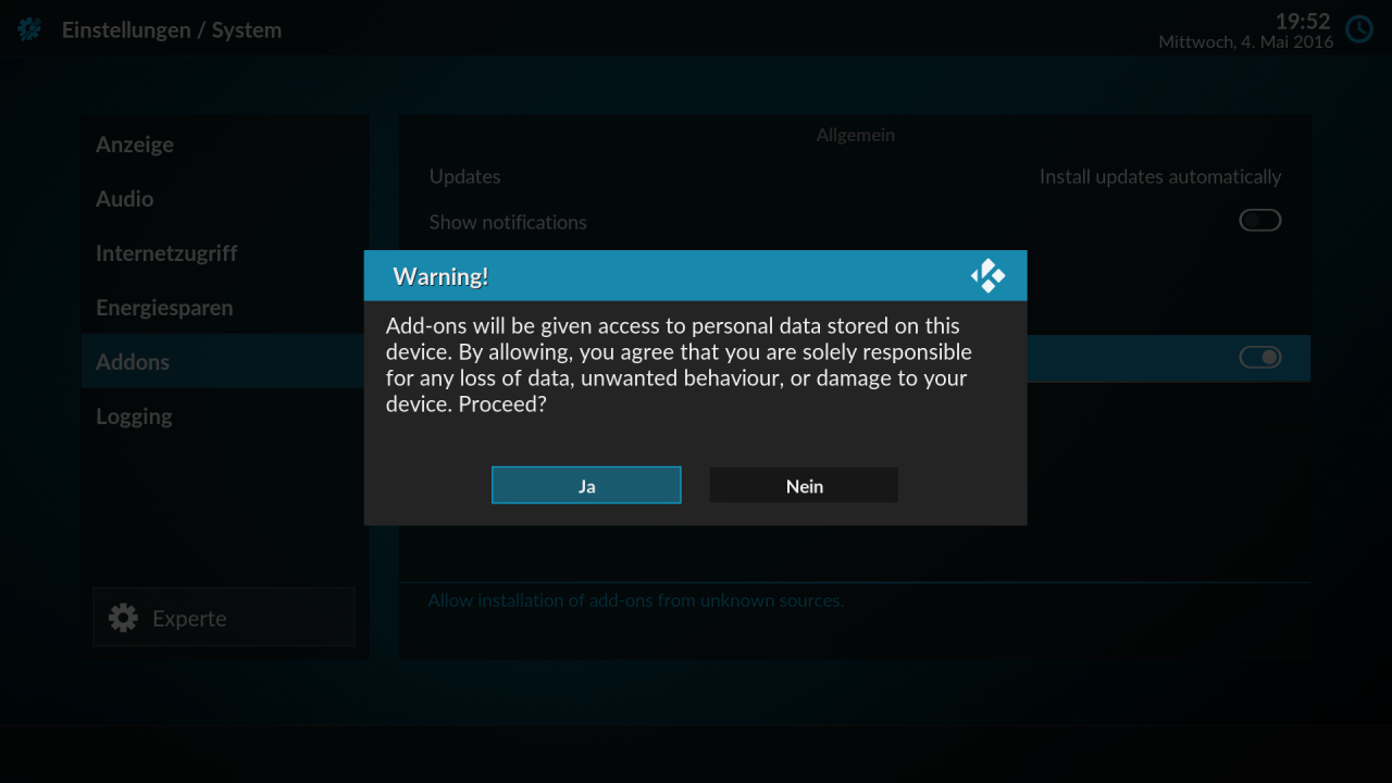 Inzwischen gibt es auch einige zweifelhafte Addons, Kodi warnt euch daher vor der Aktion.
