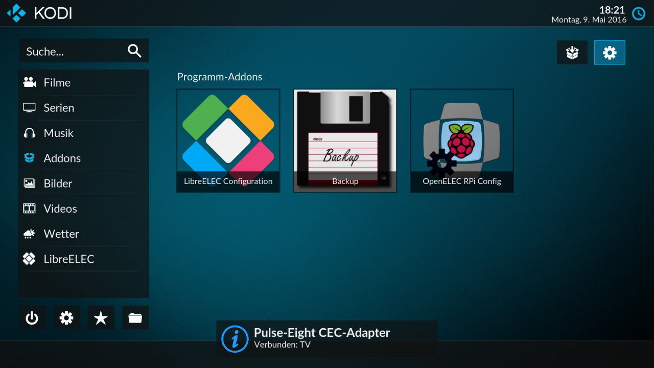 Zur Addon-Verwaltung gelangt ihr über das Zahnrad-Icon auf dem Addon-Screen des Hauptmenüs.