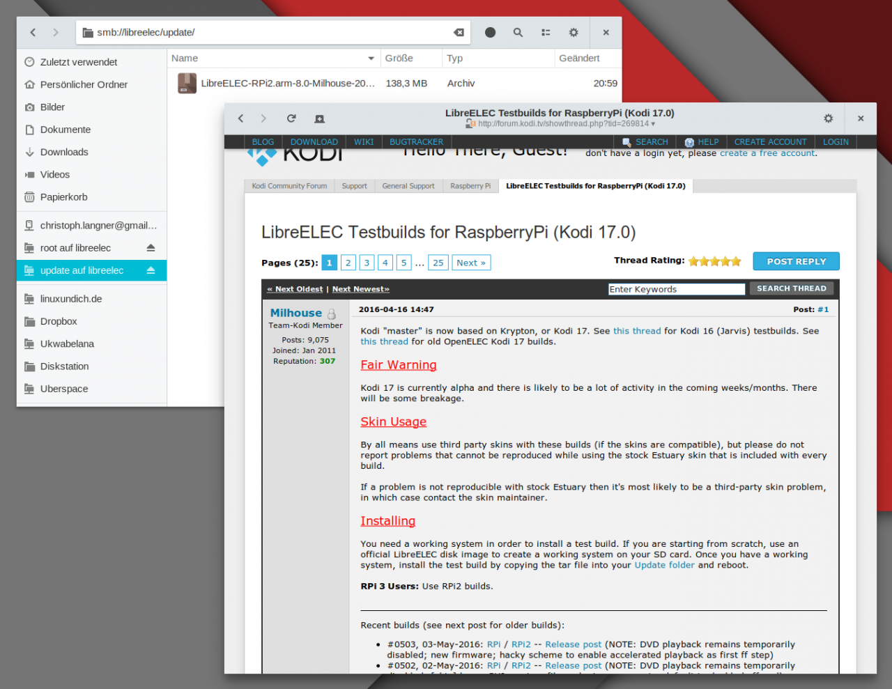Für die Milhouse-Testbuilds muss die LibreELEC-Installation aktualisiert werden.