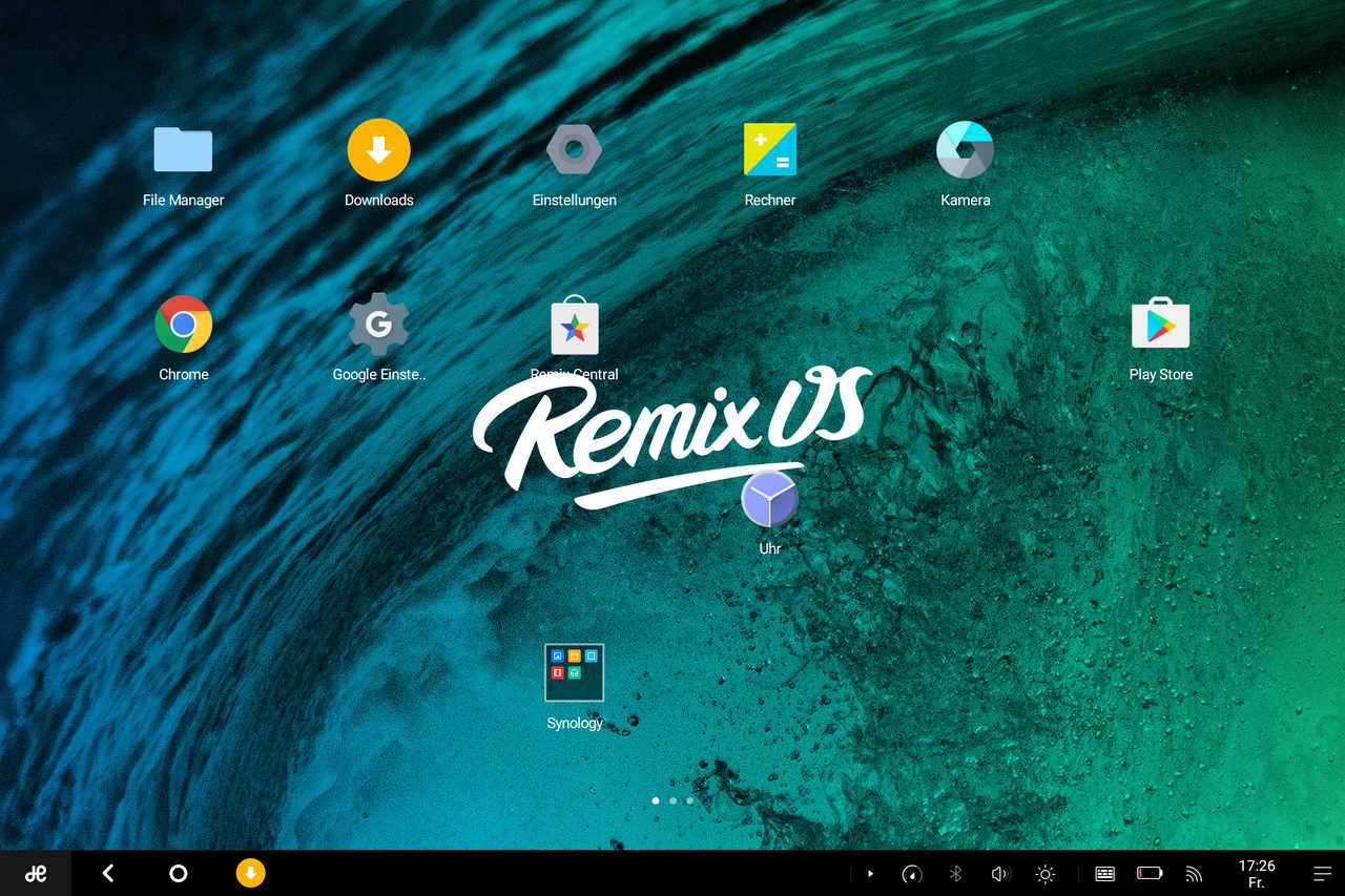 Der Desktop von Remix OS mit dem Startbutton und Taskleiste.