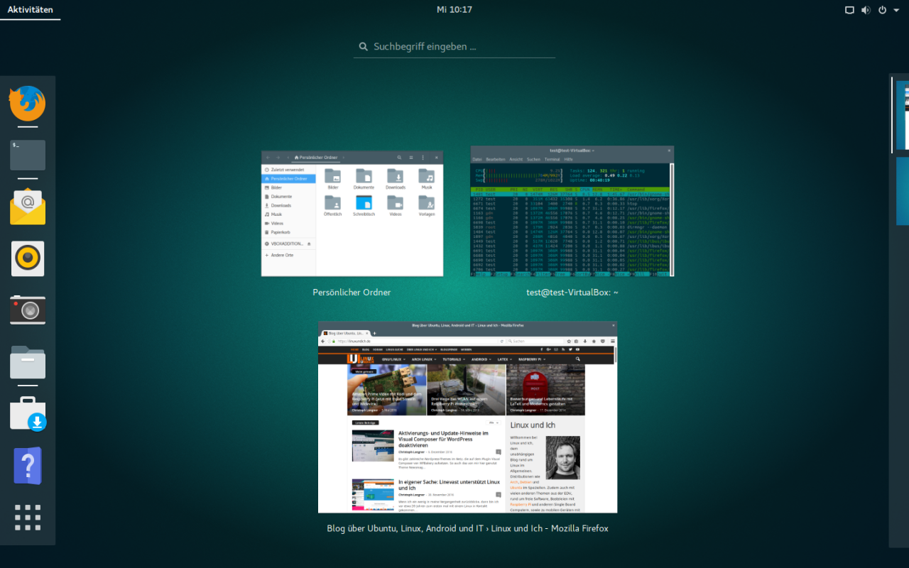 Die Aktivitätenübersicht der Gnome Shell von Ubuntu 16.10 mit Flat-Plat als Theme und den Paper-Icons.